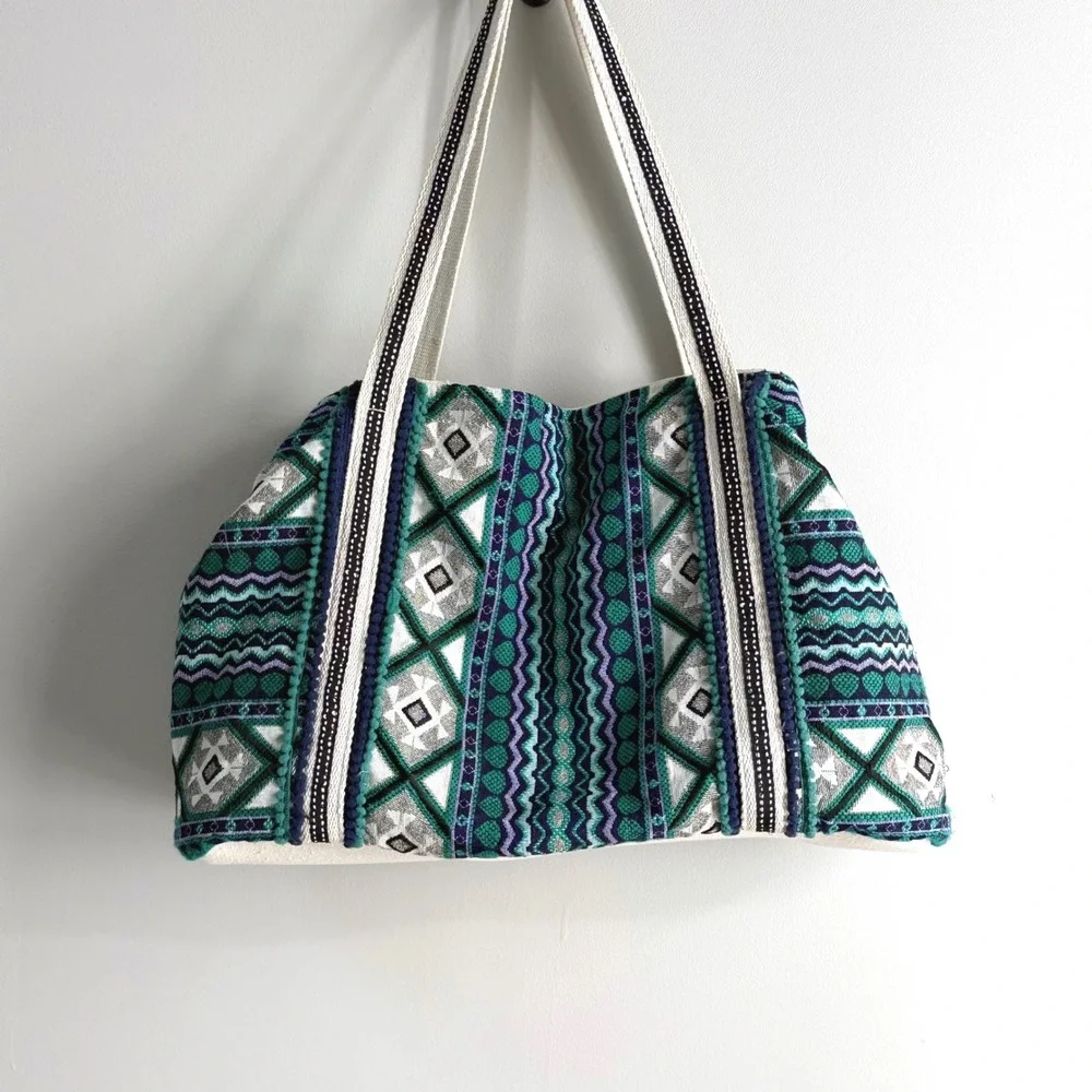 Teal/Green Geometric Woven Tote Bag Women Large Boho Vacation Vibes Beach Travel